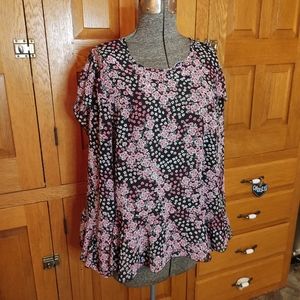 Nanette Lepore black & pink ditzy floral chiffon ruffle long sleeve top